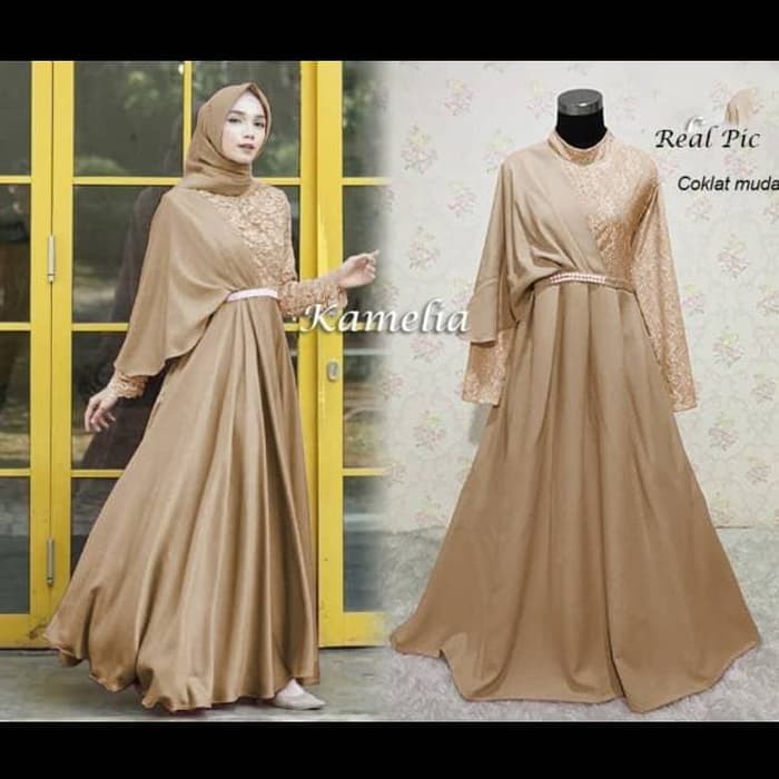 Jual Termurah !!! Gamis Pesta Kamelia Coklat Muda Dress Xl Ori Pu Baju Lebaran Murah | Shopee Indonesia
