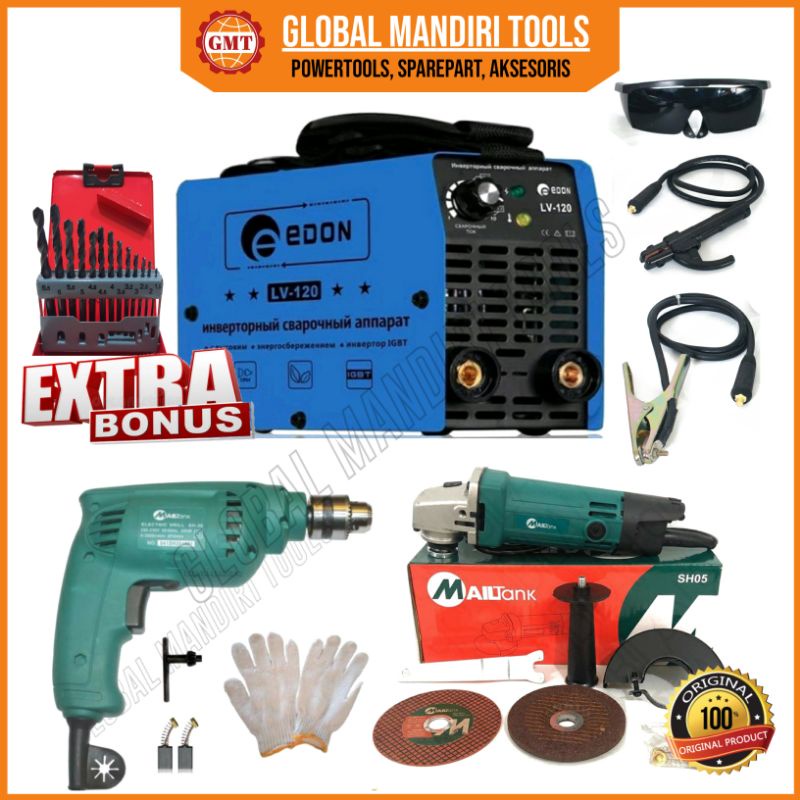PAKET MURAH Mesin Las 450watt EDON + Gerinda Mailtank SH05 + Bor Mailtank + Mata Bor Besi 13pcs