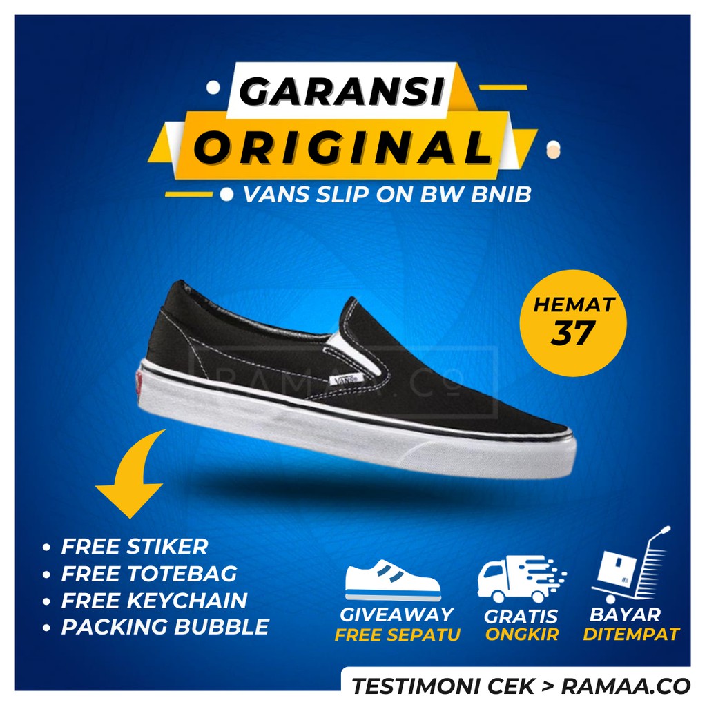 Vans Slip On Authentic Sepatu Original Pria Wanita Black White Waffle