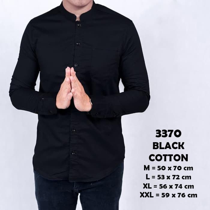 Kemeja Pria Lengan Panjang Polos HITAM BLACK Kerah Shanghai Tanpa