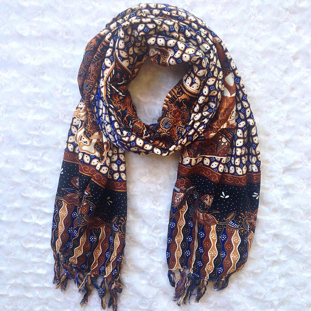 Omah Etnik Syal Scarf Batik Motif Kawung Mix Wayang 01Biru Shopee