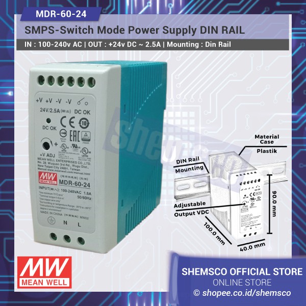 Jual SMPS Meanwell 24v DC 2.5A Switching Power Supply PSU Mean Well MDR