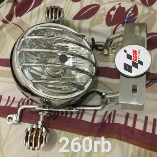 Lampu depan bulat tralis plus sen sein breket plat nomor