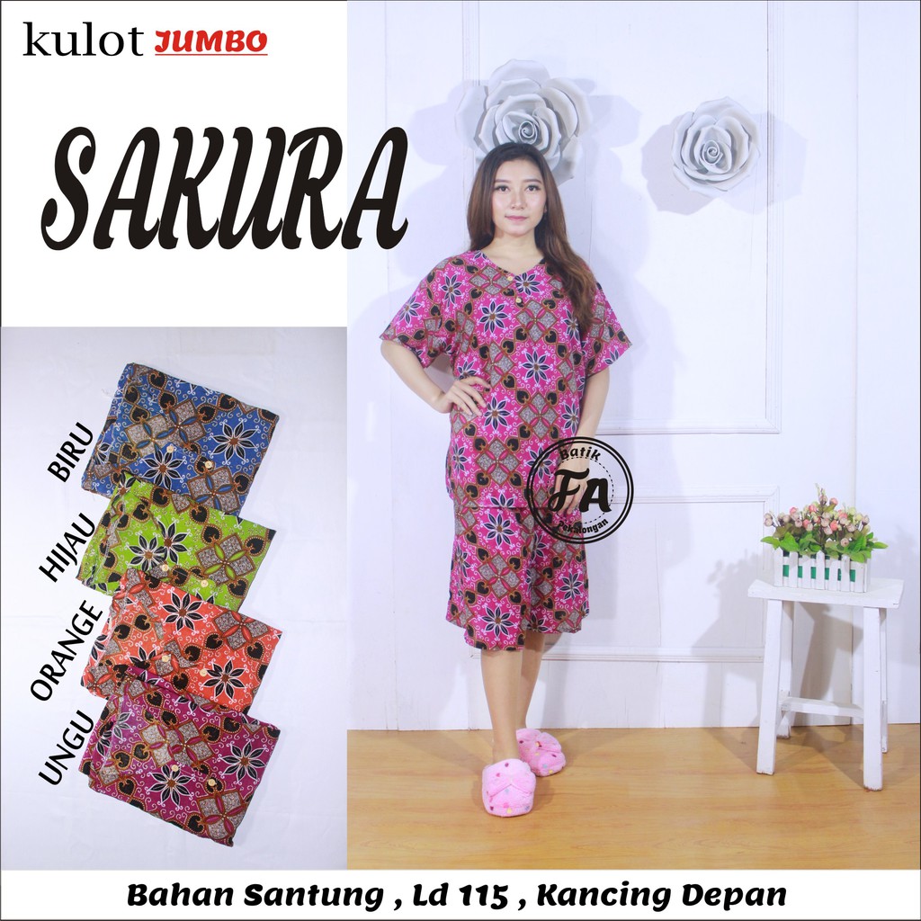Setelan Kulot Jumbo Batik Motif Bunga Leher Kancing Busui ( Kulot Jumbo Sakura ) Batik