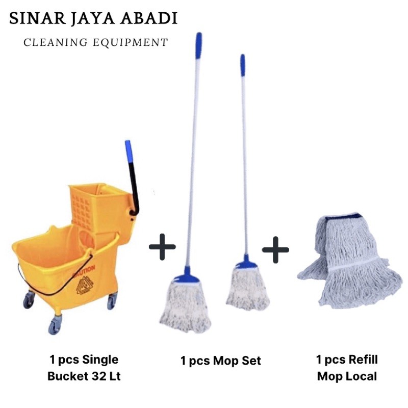 Jual Single Bucket Wringer Mop Press 32 Liter + Dust Mop Pel Lantai Set