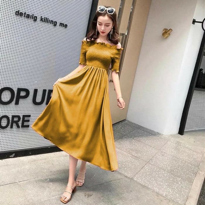 Jual (Mingyuan) Dress Maxi Wanita Off Shoulder Sabrina Lengan Pendek Sexy Warna Putih Untuk Pantai/ 2Ddi Indonesia|Shopee Indonesia