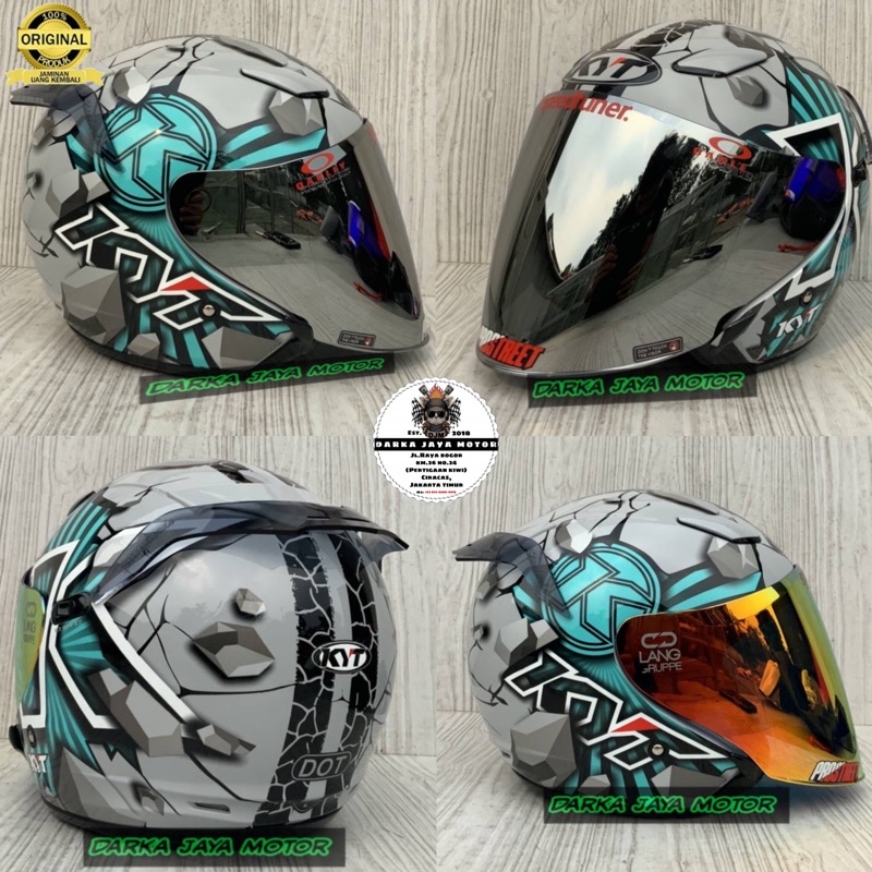 Jual KYT DJ MAXI MOTIF 3 ASPHALT GREY AQUA BLUE HELM HALF FACE KYT