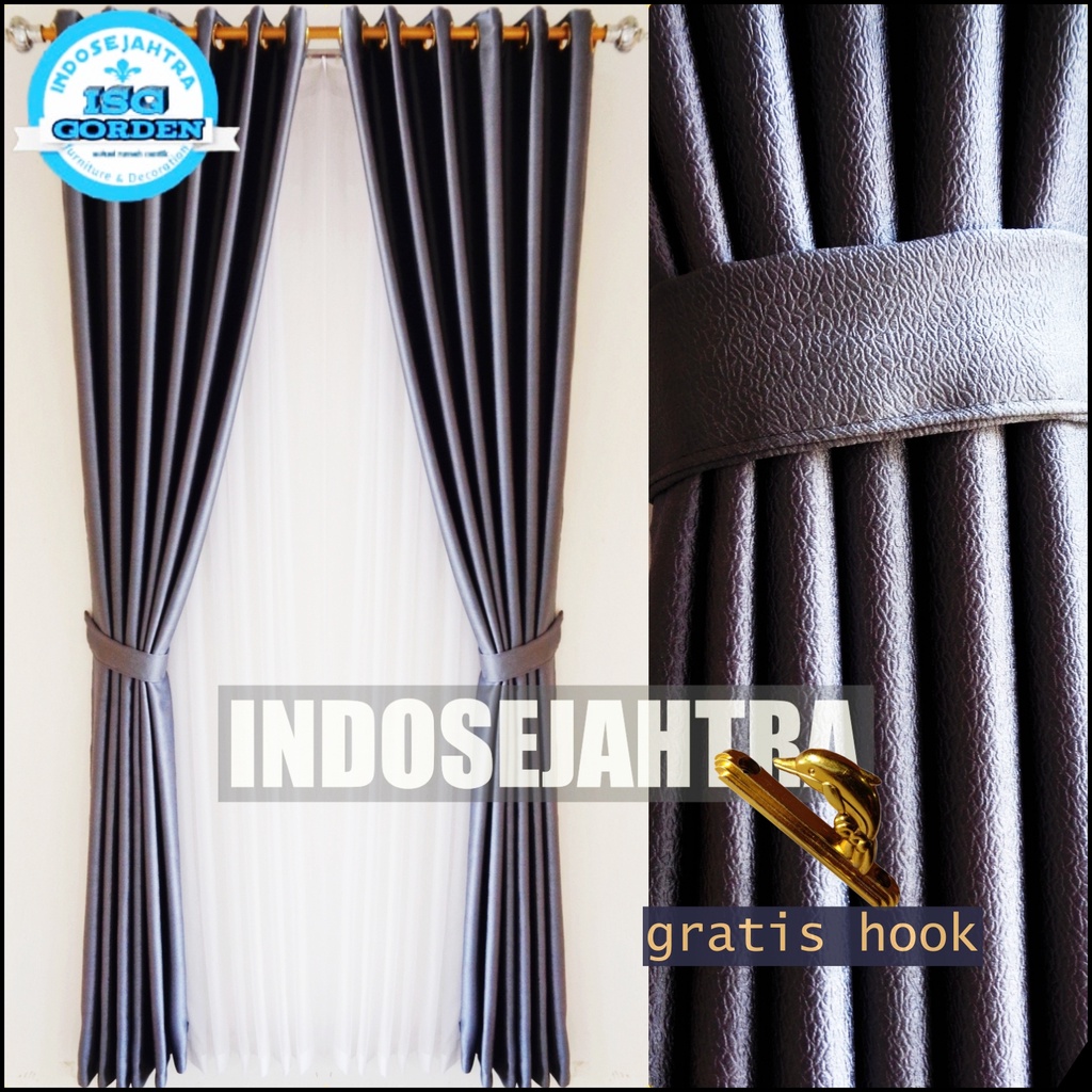 Gorden Jendela Pendek Kamar Tidur Polos Blackout Embos Import Abu Tua