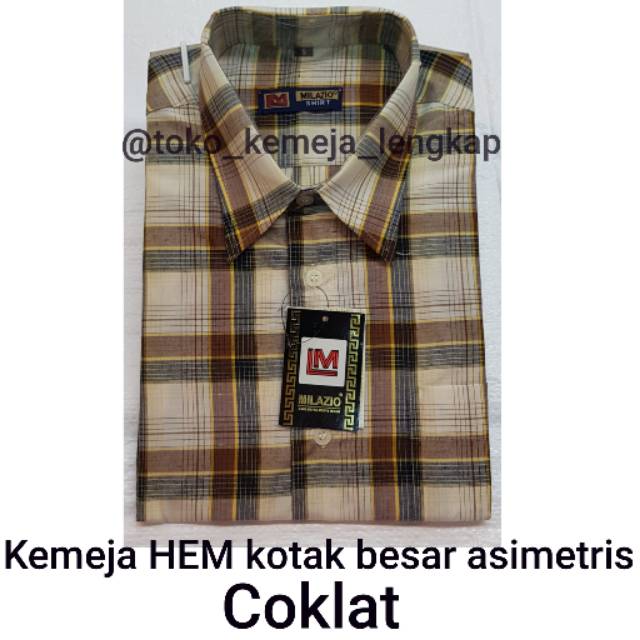 Jual Kemeja Hem Kasual Motif Kotak - Kotak Besar Asimetris Warna Coklat Lengan Pendek | Shopee Indonesia