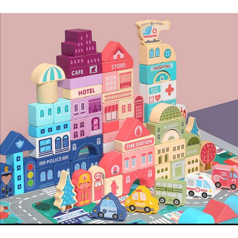 Building blocks city urban transport 115pcs wooden toys mainan balok
