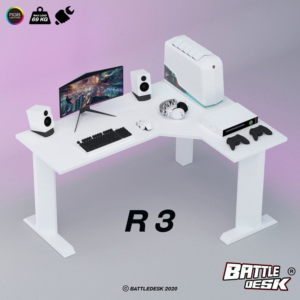 Battledesk R3 PUTIH Meja Komputer Gaming PC Desk RGB