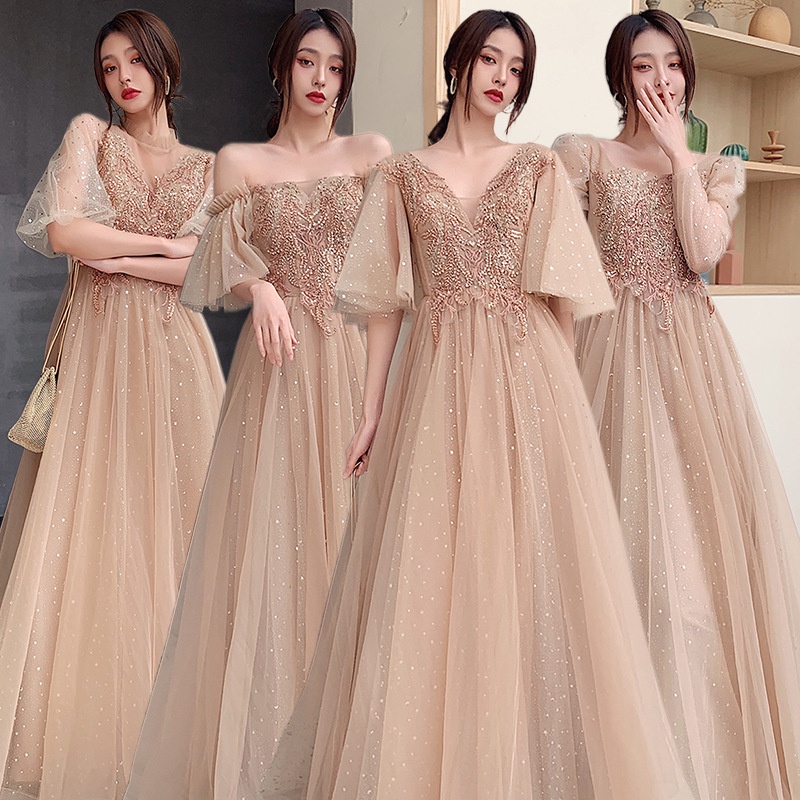 Spring Bridesmaid Dresses 2022 Jual Golden Bridesmaid Dress 2022 New Spring And Summer Sister League Annual Meeting Evening Dress Female Long Sleeved Fairy Temperament Is Thin And Covers Meat Indonesia|Shopee Indonesia
