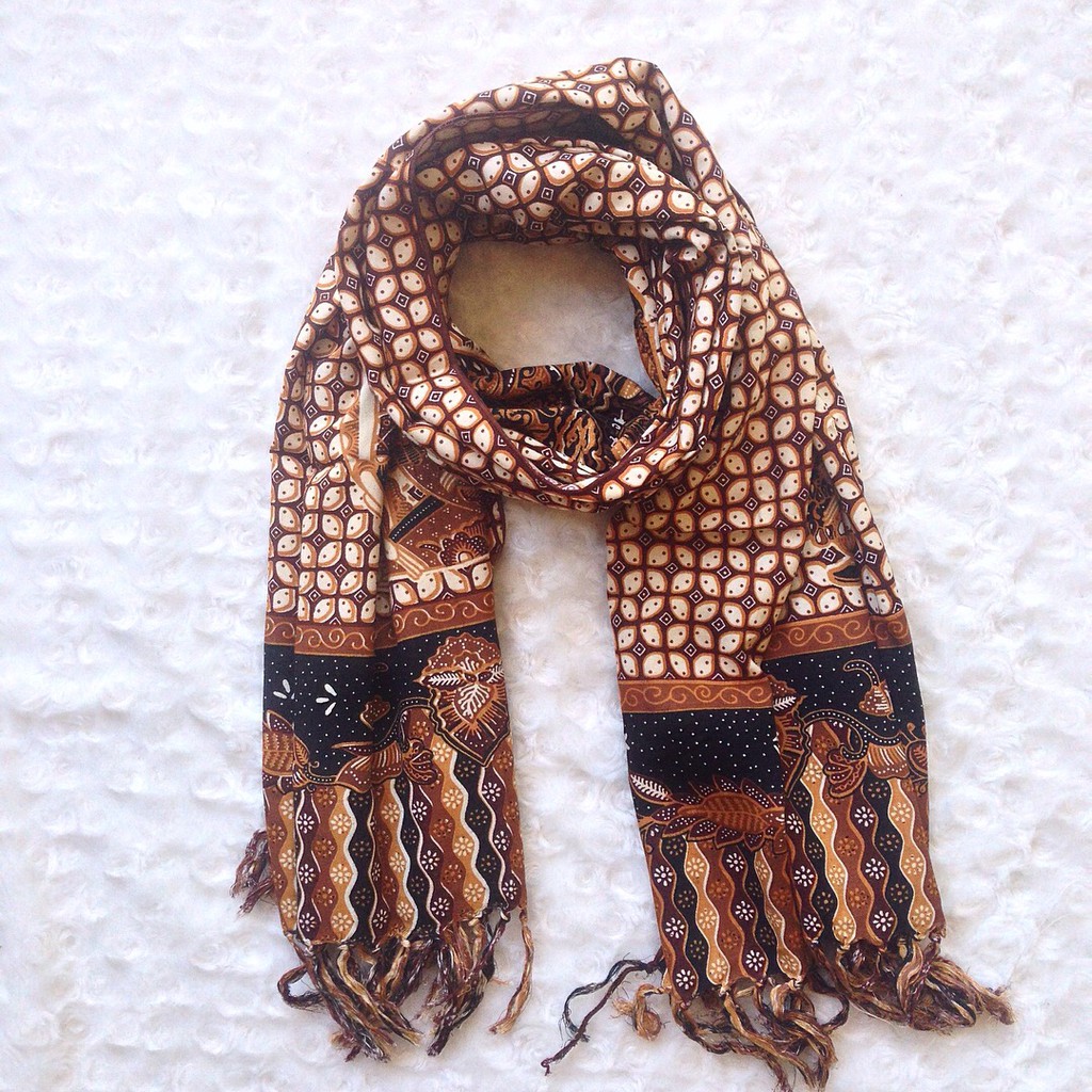 Omah Etnik Syal Scarf Batik Motif Kawung Mix Wayang 02Cokelat Shopee