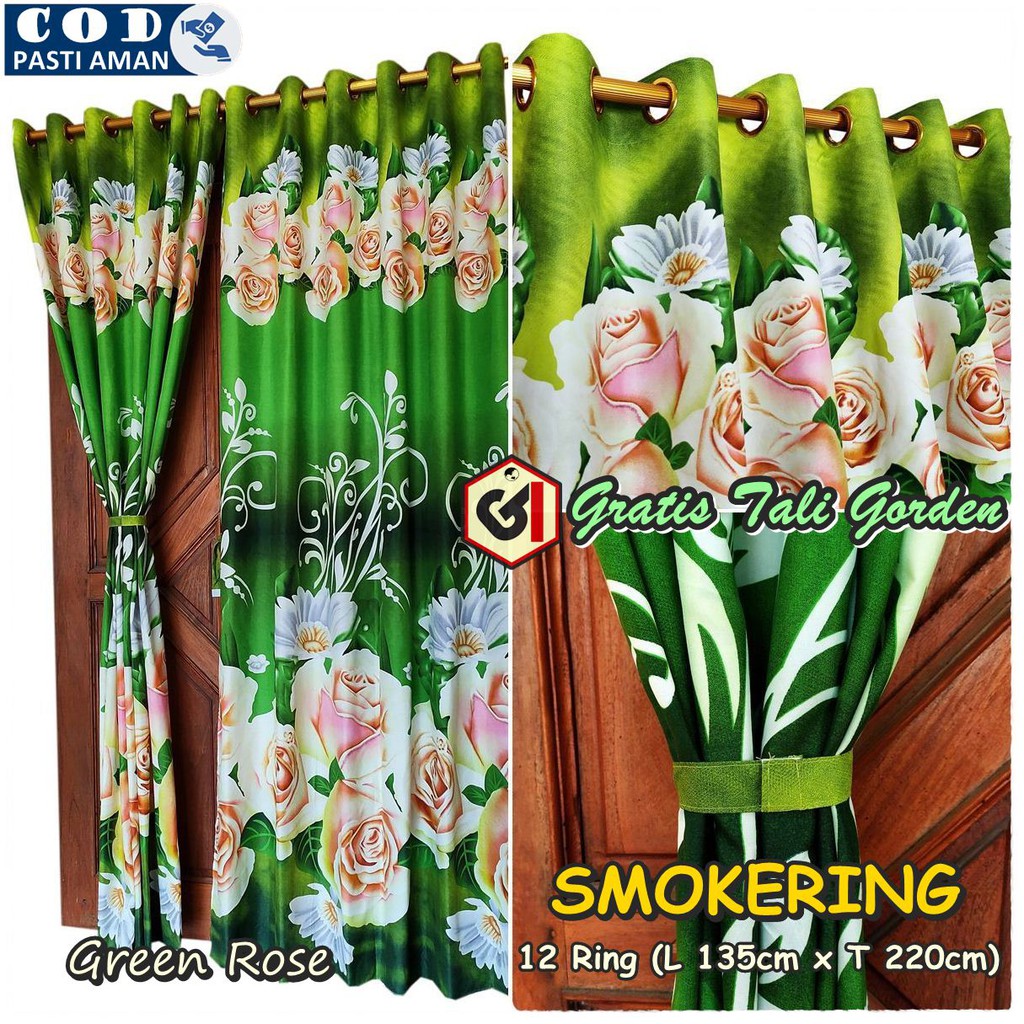 Gorden Pintu Jendela Ukuran Panjang Model Smokering 12 Ring Motif Green