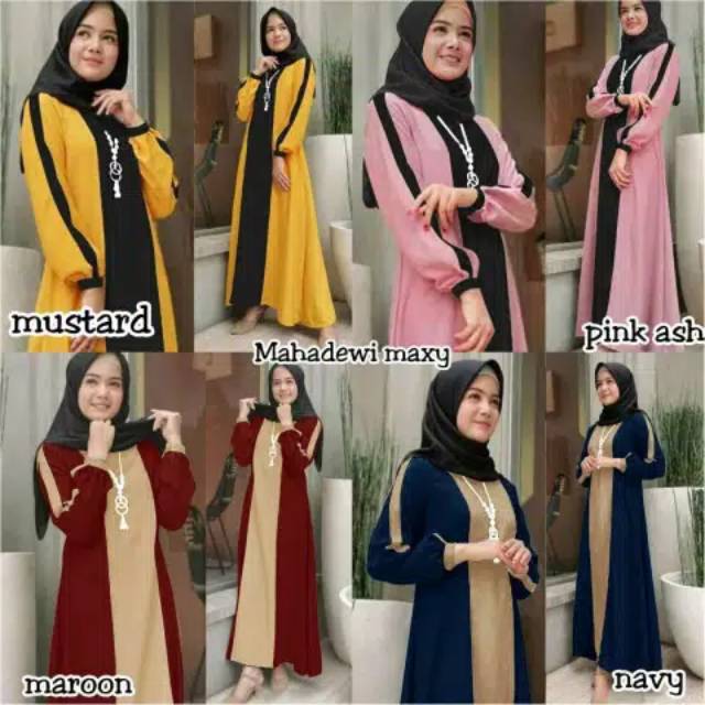 Maharani -Gamis dress warna Polos kombinasi pink mustard marron navy hitam  | Shopee Indonesia