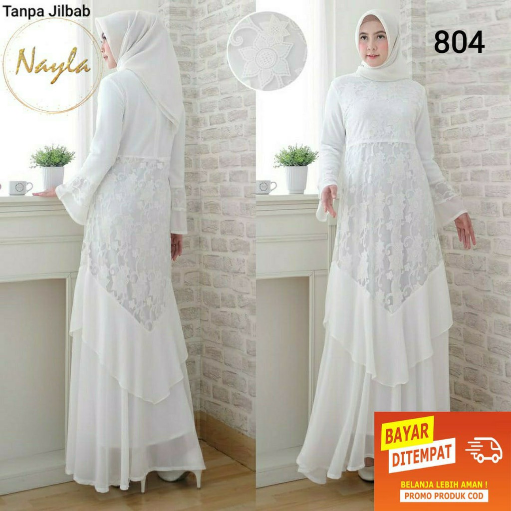 NAYLA Baju Gamis Putih Wanita Gamis Pesta Busana Muslim Syari Brukat