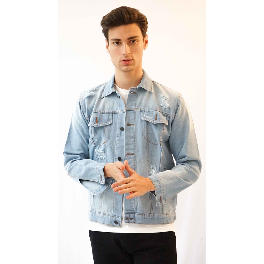 Houseofcuff Jaket Jeans Pria Polos Tebal Dilan Denim Biru Pudar Ripped Shopee Indonesia