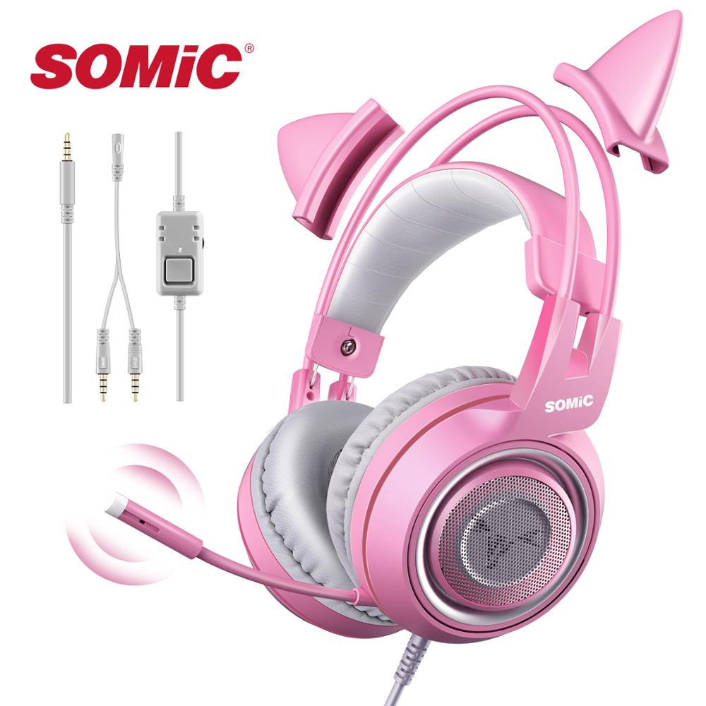 Somic G951S Headset Gaming Desain Telinga Kucing Warna Pink Plug 3.5mm