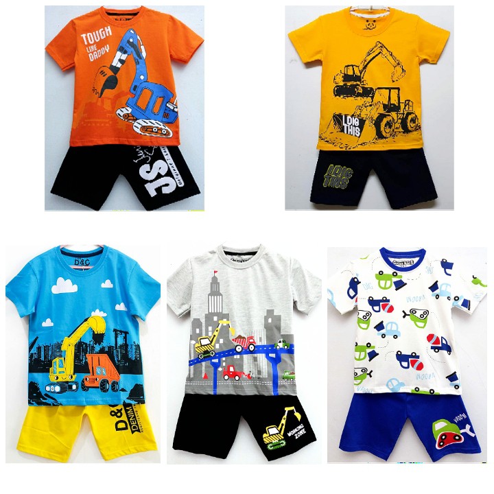 NEW!! Baju Setelan Kaos Anak Laki Laki Motif Alat Berat Excavator