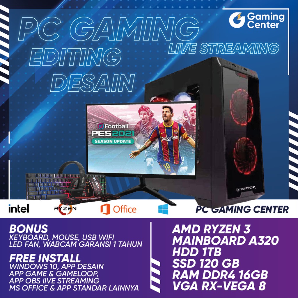 PC Gaming Fullset AMD RYZEN 3 3200G KOMPUTER CPU SSD 120GB RAM 16