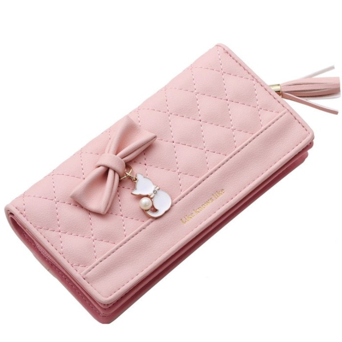 Dompet wanita type dompet panjang motif renda kucing pita