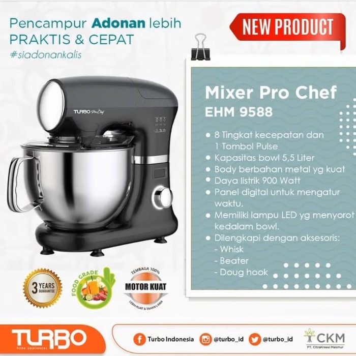 Jual Turbo Pro Chef Mixer Com EHM9588 (5,5 Liter/1 Kg Adonan) Stand Mixer Prochef Shopee