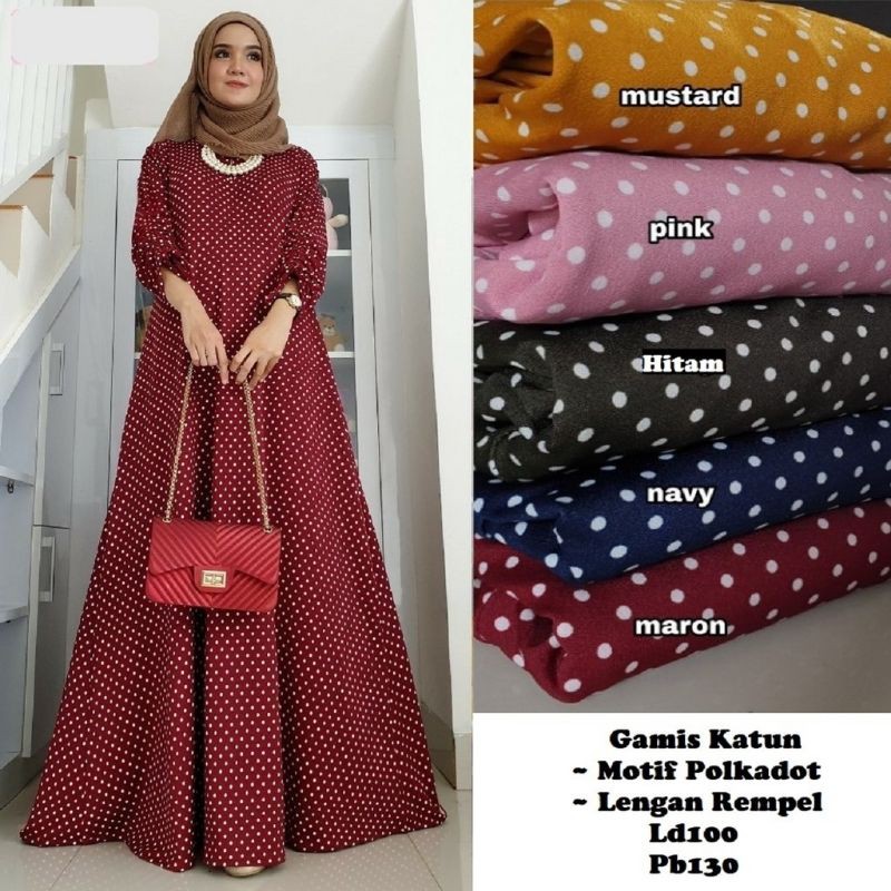 murah lebay gamis cotton motif polkadot terusan tali pinggang kekinian