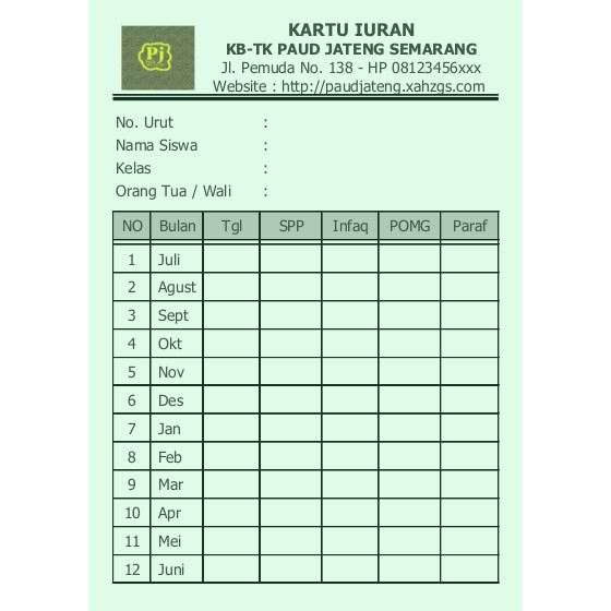 Contoh Kartu Iuran Rindu Sekolah