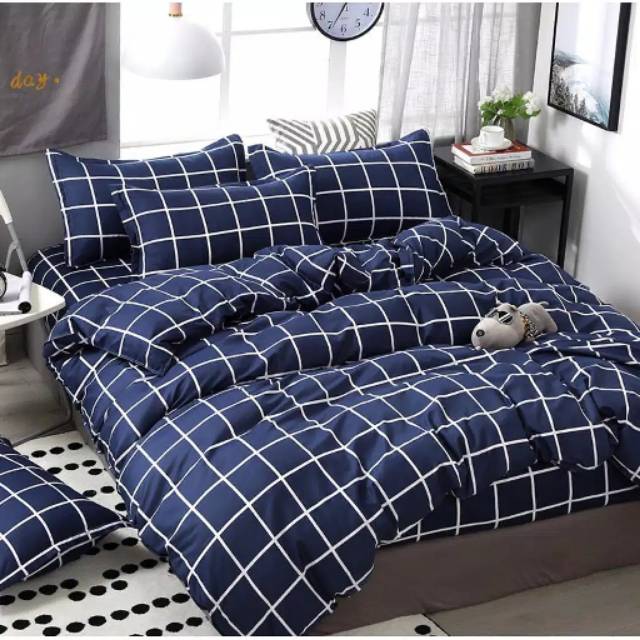 CELICA SET SPREI & BED COVER BAHAN ESRA MOTIF KOTAK BIRU NAVY Shopee