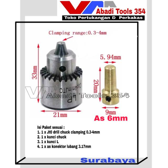 Drill chuck Jt0 0.3 4mm plus konektor as 6mm cocok untuk dinamo mesin jahit kecil Shopee