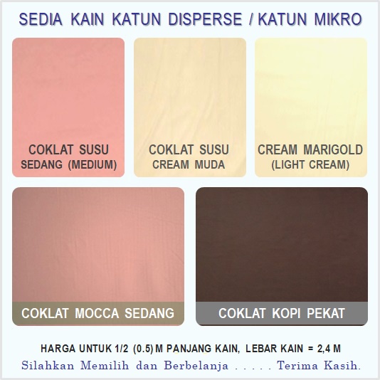 Jual Kain Katun Mikro Warna Coklat Susu Sedang (Medium), Coklat Susu Cream Muda, Cream Marigold, Coklat Mocca Sedang (Muda) Dan Coklat Kopi Pekat | Shopee Indonesia