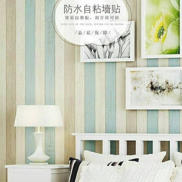 Wallpaper Sticker Dinding Kayu Garis Biru Krem Putih WPS200 Dekorasi