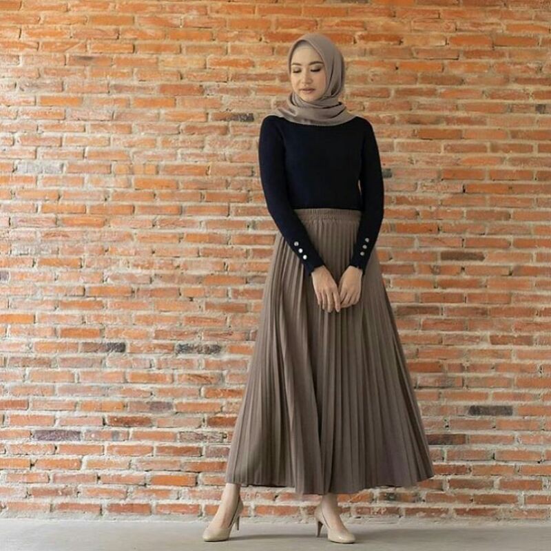 Jual Pleated Skirt - Ootd Rok Plisket Panjang Warna Coklat Latte Super Premium Hq Tebal Halus Melar | Shopee Indonesia