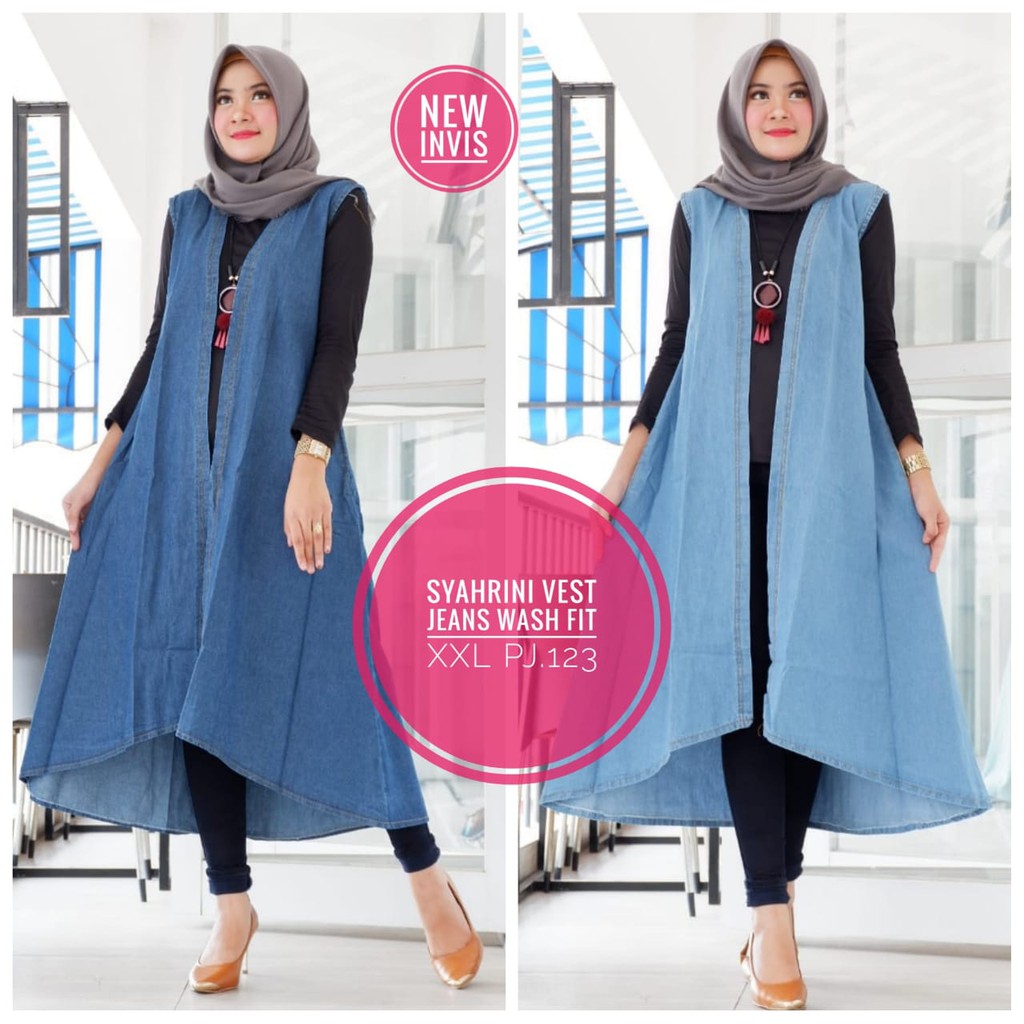 LONG outer rompi wanita panjang denim jeans wash syahrini vest Shopee Indonesia