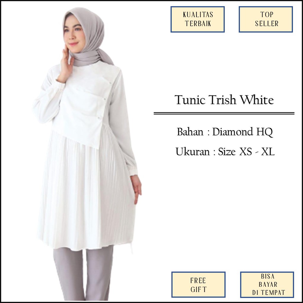 Baju Atasan Tunik Tunic Broken White Putih Tulang Kombinasi Plisket