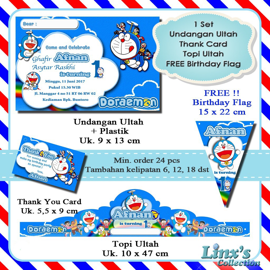 1 Set Undangan Ultah Anak Kartu Souvenir Topi Ulang Tahun Doraemon