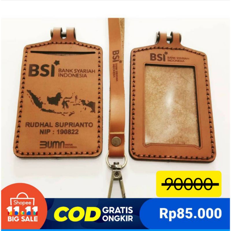 Jual ID CARD HOLDER KULIT CUSTOM / NAME TAG ID CARD LOGO BSI