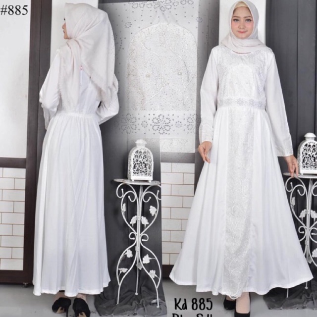 BAJU GAMIS PUTIH SYARI FULL BRUKAT TEBAL BAHAN CHIFFON / BUSANA MUSLIM