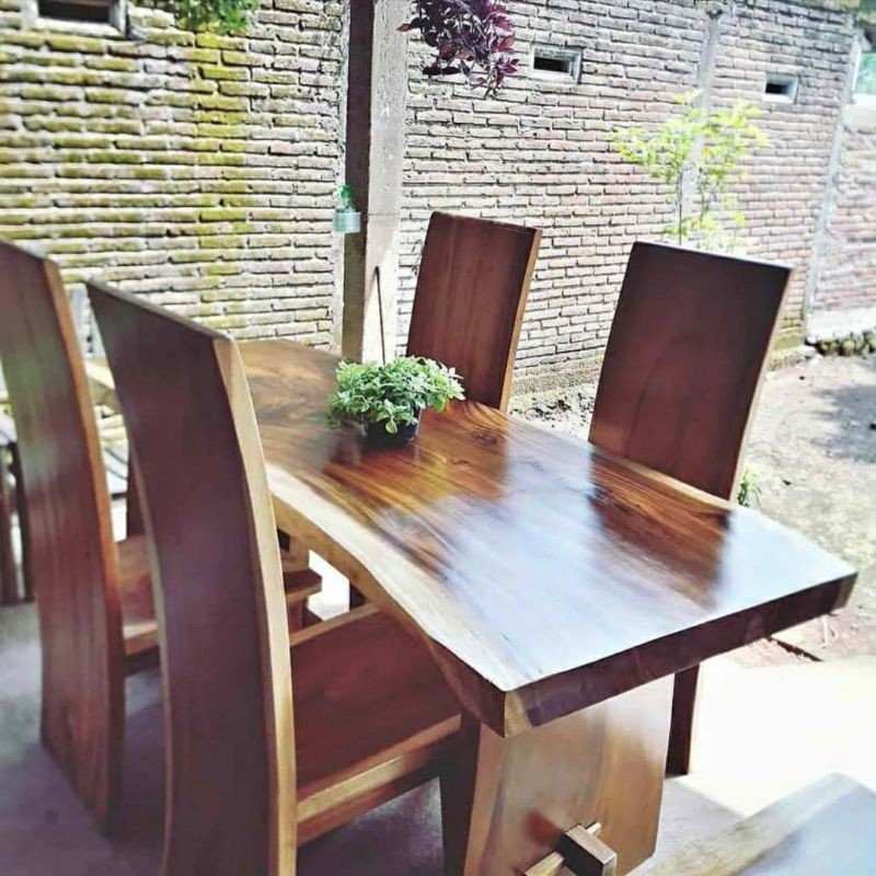 Meja makan cafe resto kayu trembesi kursi blok utuh tanpa sambungan