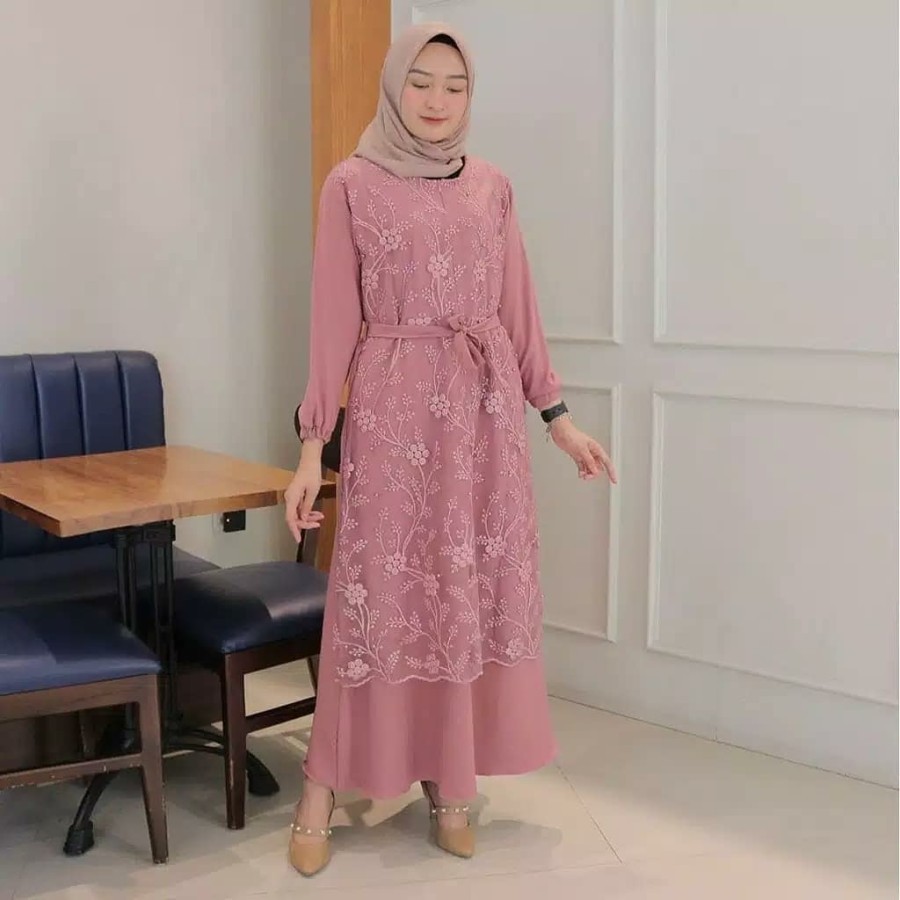 Baju Gamis Wanita Remaja Syari Terbaru Lebaran 2021 Brukat Tile Busui