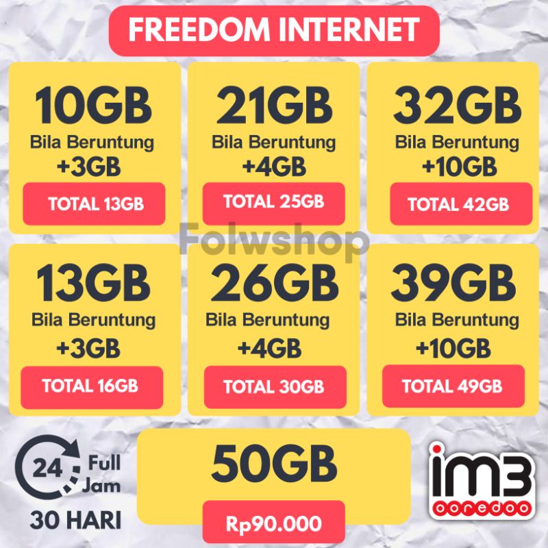 Paket Data Indosat 50gb Full Kuota Utama 30 Hari Shopee