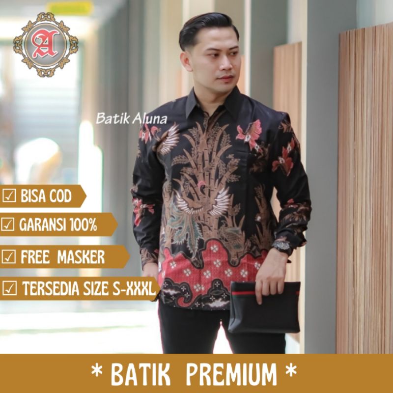 Baju Batik Cowok Katun Solo Lengan Panjang Premium Original Full Furing Batik Aluna BAV021