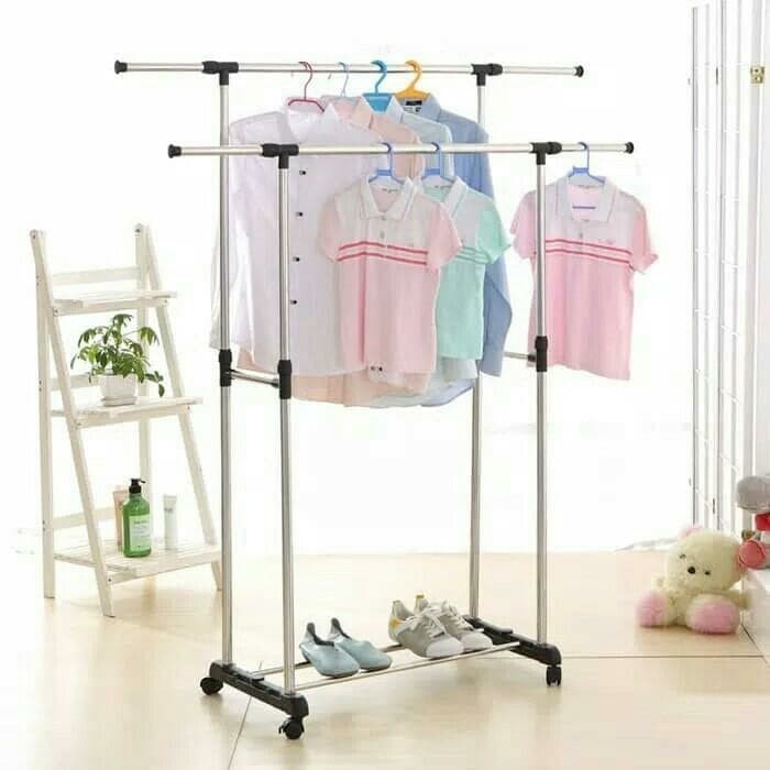 Jual STAND HANGER DOUBLE POLE Rak gantung Jemuran Roda 2 Slot Display