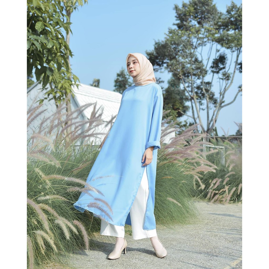 Tunik Polos Warna Pastel Bahan Creamy Crepe Blank Tunik Biru Muda