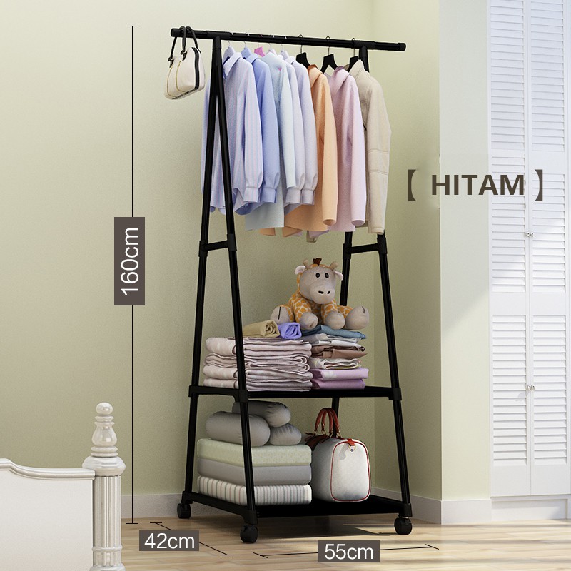 Triangle stand hanger baju rak buku pakain rak serbaguna dengan 4 roda