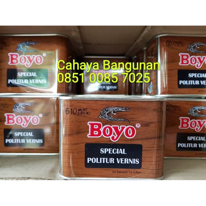 BOYO POLITUR VERNIS PERNIS KAYU WARNA 1/2 0.5 LT LITER KALENG KECIL |  Shopee Indonesia