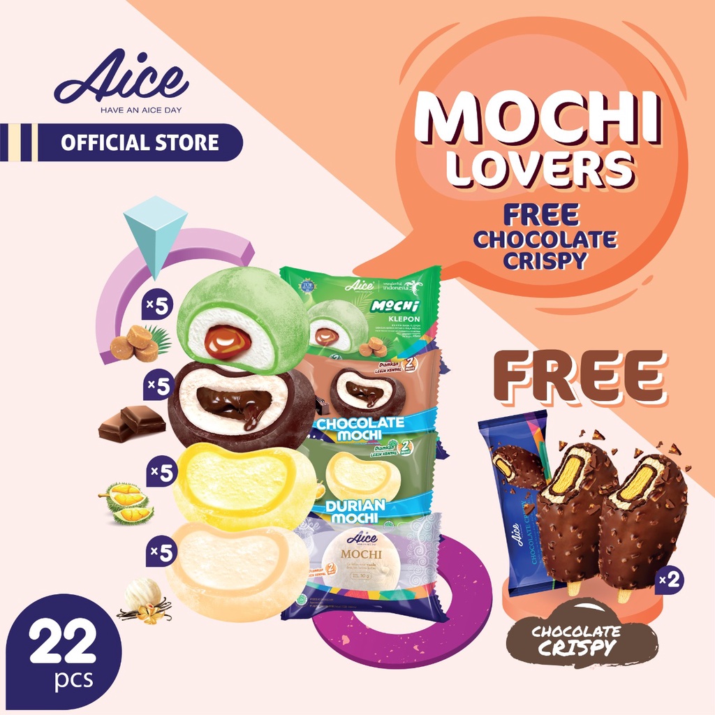 Jual Paket Aice Ice Cream Mochi Lovers Free Chocolate Crispy Isi 22 pcs Shopee Indonesia
