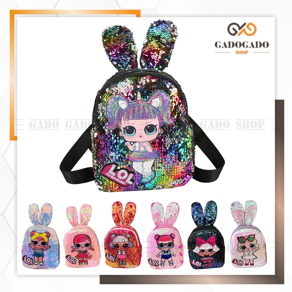 GGS RANSEL SEQUIN TAS LOL USAP GLITTER TELINGA KELINCI LED