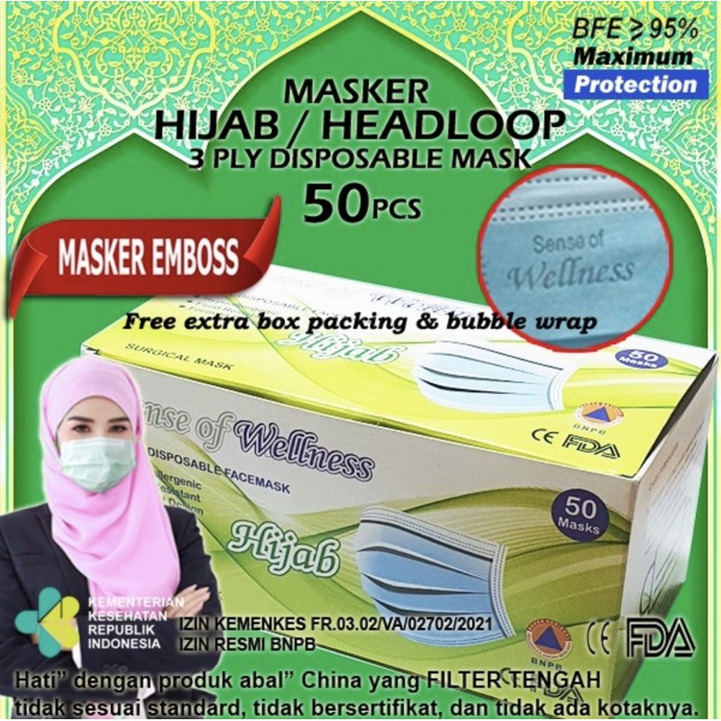 Masker Hijab 3 Ply Medis Bedah Headloop 3Ply Disposable