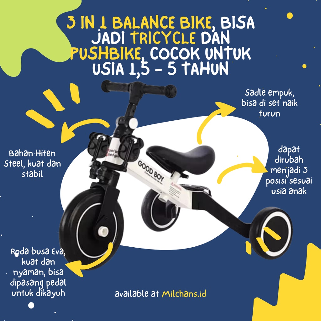 Jual Sepeda roda tiga balita 3 in 1 / Bisa Jadi balance bike / Push